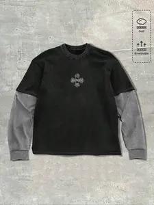 Oversized Vintage Wash Faux Two-Piece Long Sleeve T-shirt - Black Gray Contrast Layered Top with Embroidered Cross | Unisex Grunge Aesthetic Streetwear Layering Hack Fall Essential | Soft Breathable Skater Style Must Have | #altfashion #vintage