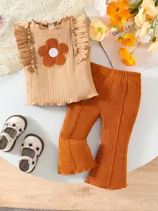 Baby Girls Floral Embroidered Knit Vest & Bell Bottom Pants Set, Comfortable Summer Breathable Two-Piece