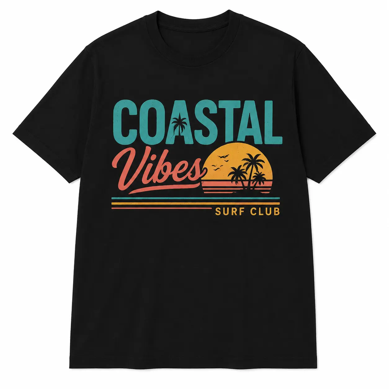 Unisex Round Neck Short-Sleeve Vintage Print Coastal Vibes Surf Graphic Top, Couple Matching Summer Casual Wear Sports & Outdoor Streetwear Tee, Shortsleeve, Tops