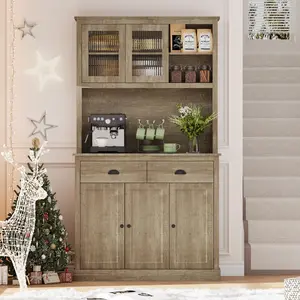 Spacious Freestanding Pantry Cabinet with Hutch – Glass Doors, Adjustable Shelves, Drawers, Microwave Countertop, Coffee Bar – Ideal for Kitchen or Dining Room Storage – Pastoral Gray