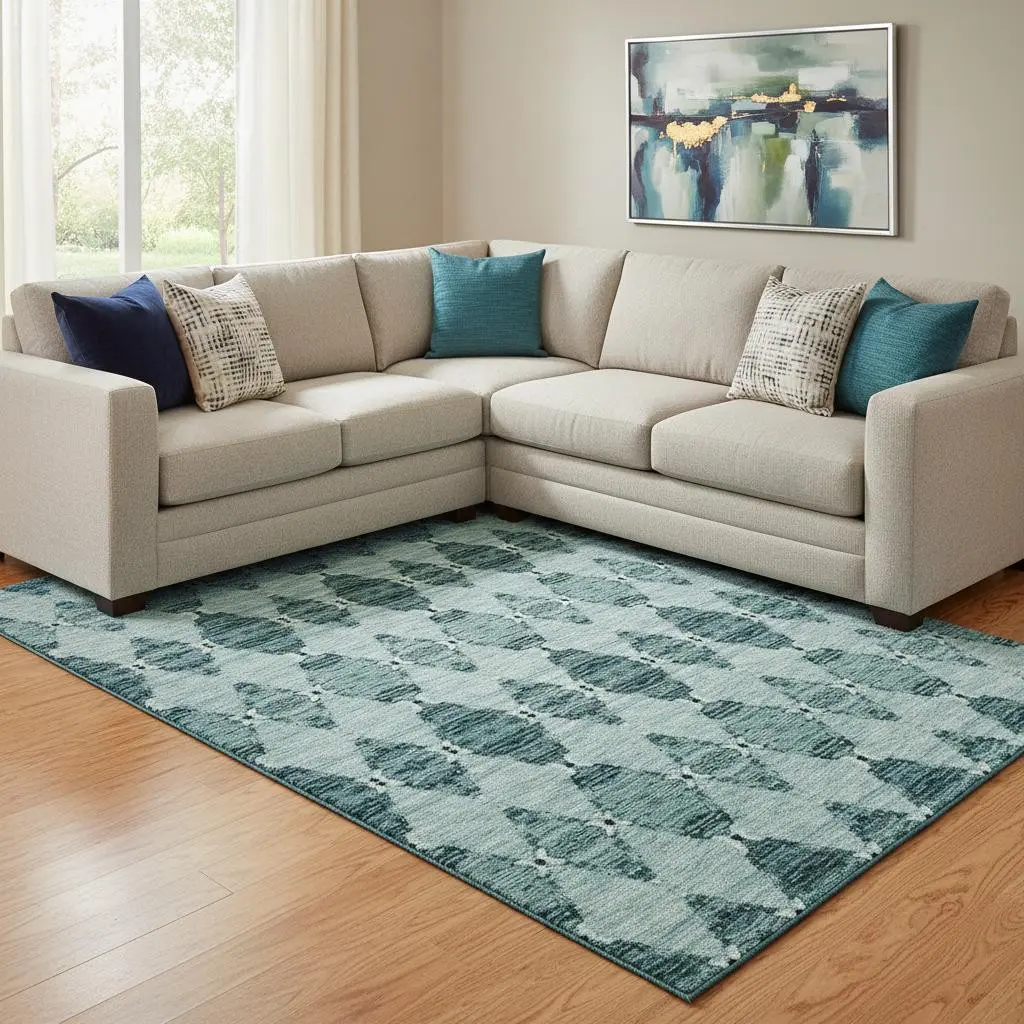 HomeRoots 651160 10x14 ft. Teal & Ivory Moroccan Transitional 4-Cornered Rectangle Area Rug, Machine-Made, Washable, with UV Protection, Four-Cornered Area Rugs