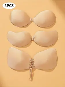 3 invisible wirefree adhesive bras, push-up adhesive bra, reusable, Casual. Strapless front-closure design, women's lingerie accessory.