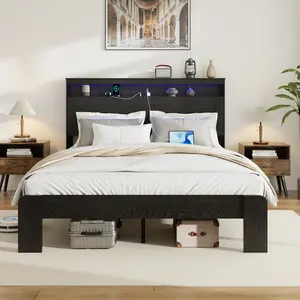 Wood Platform Bed Frame with Storage LED Light Headboard and 2 USB , Dark Black