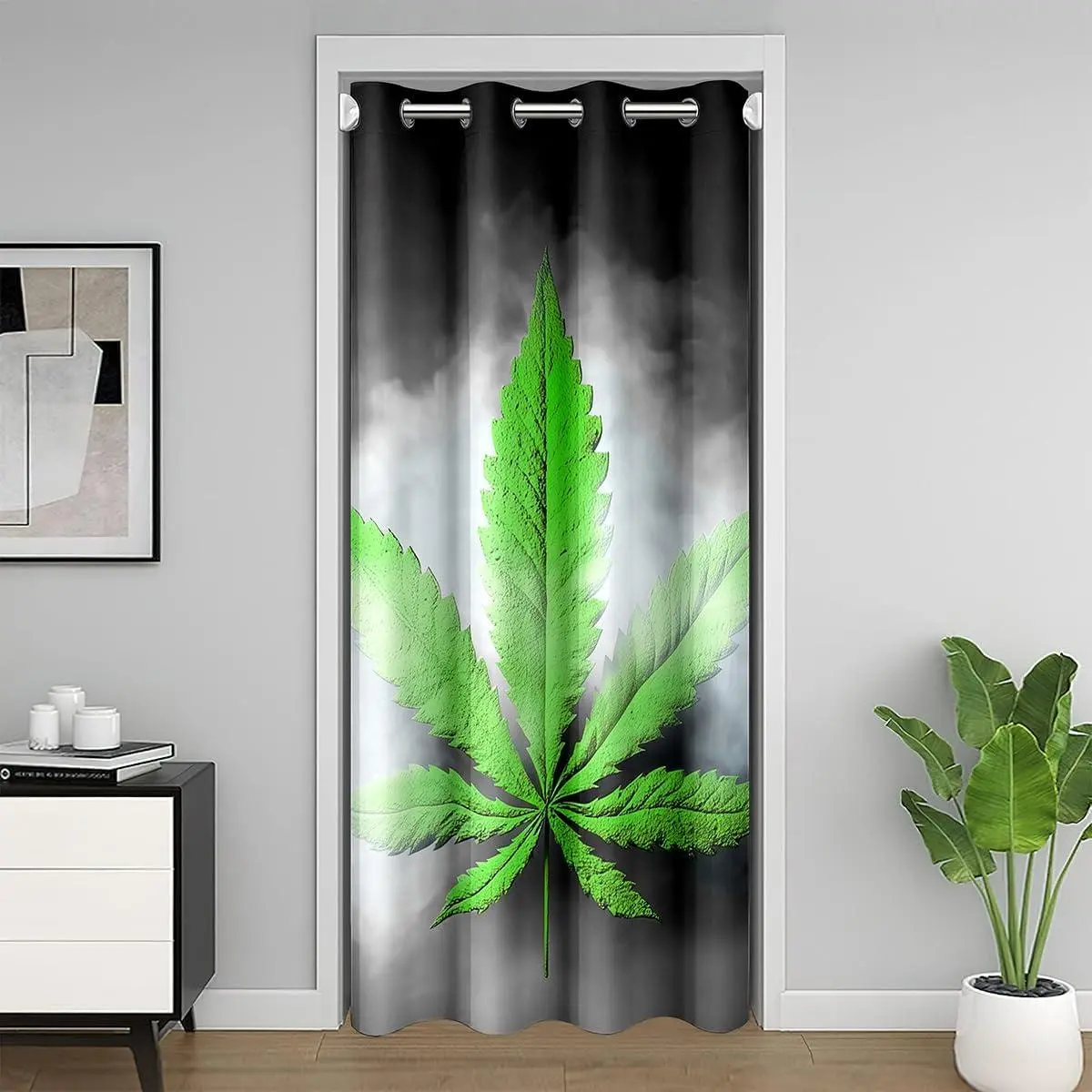 Leaves Doorway Curtain,Leaf Door Curtain,Herb Botanical Darkening Door Drape,Grey Grunge Style,Green,Privacy,Room Divider