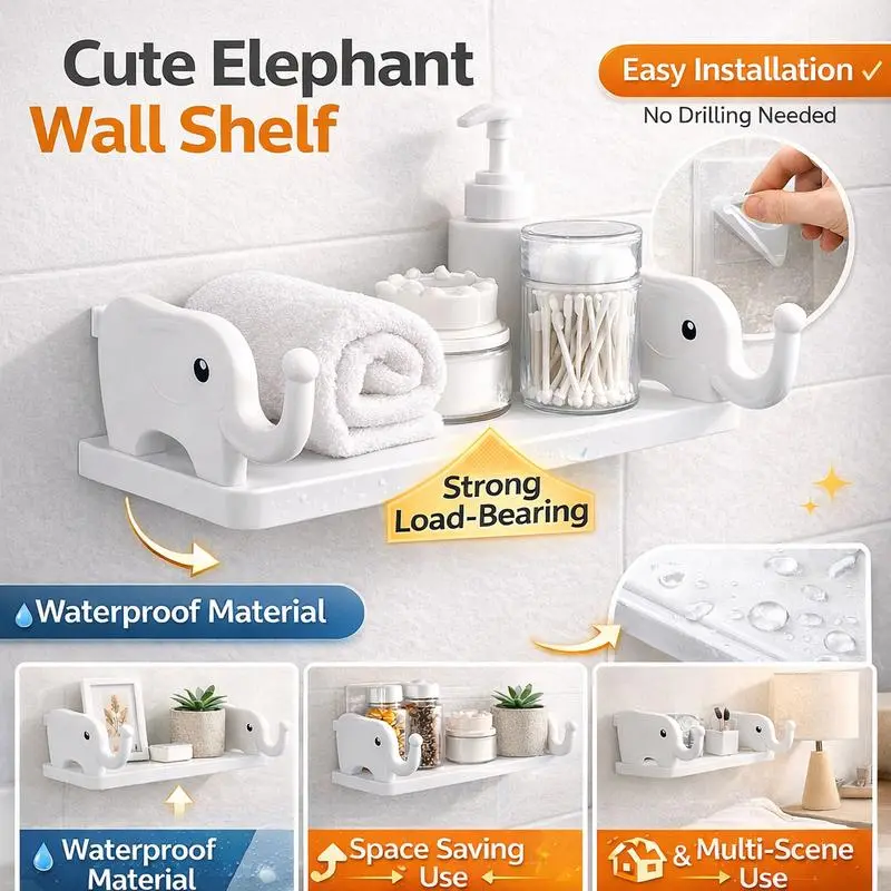 [BJLE] Cute Elephant Wall Shelf – Waterproof Adhesive Wall Organizer, No-Drill Bathroom & Home Storage Rack, Space-Saving Decor Shelf