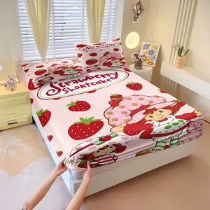 Cute Strawberry Shortcake Cartoon Print Bed Sheet Set, 1 Fitted Sheet + 2 Pillowcases - 3 Piece, Coquette Girly Soft Microfiber Bedding for Girls Bedroom, Deep Pocket Design, Gift for Girls Women Strawberry Shortcake Fans
