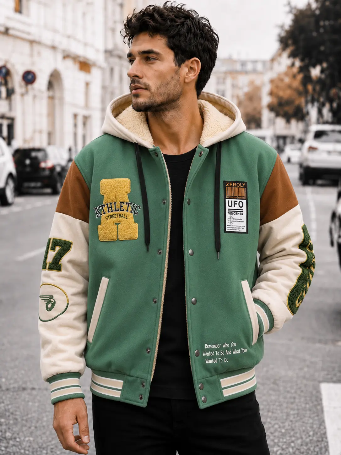 Single item: “A” letter flocked color-block baseball jacket with detachable hood, sherpa fleece, unisex design, green-brown contrasting colors, thickened streetwear basketball workwear jacket — sold individually.