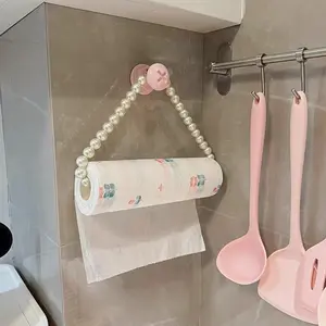 Self-Adhesive Roll Paper Holder, Durable Plastic Bathroom Towel Rack, Pearl Embellished Design, Space-Saving Wall-Mounted Kitchen Organizer, Bathroom Supplies, Bathroom Accessory