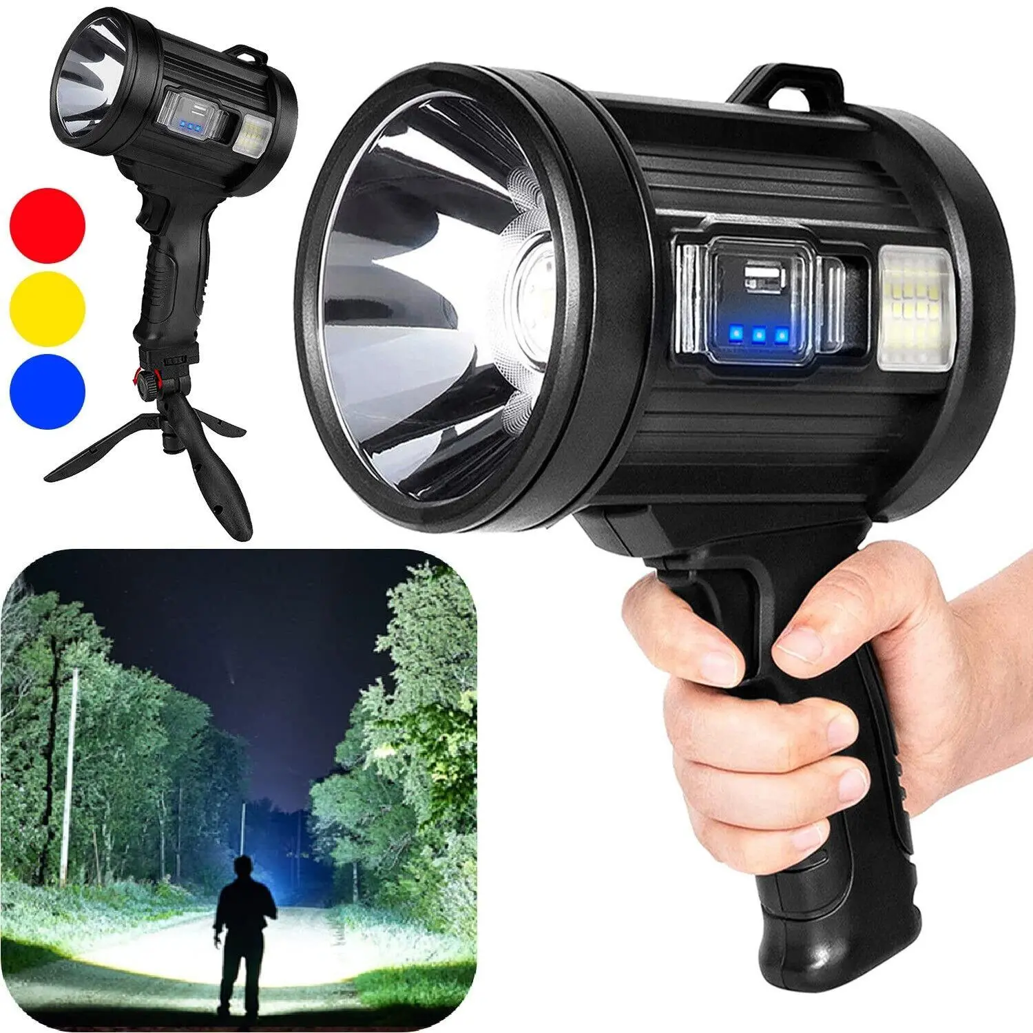 Spotlight, 990000 Lumens Led Spot Lights Handheld Large Flashlight Super Bright Outdoor Solar Spotlights Searchlight with Cob Light, 3 Modes, IPX5 Waterproof, High Performance Flashlight, Rechargeable Powerful Flashlights