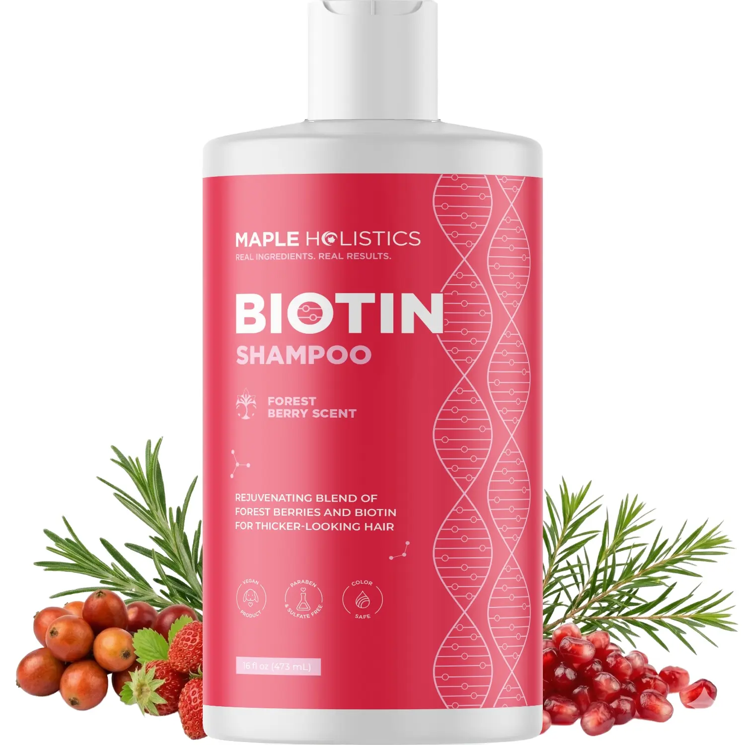 Fruity Biotin Shampoo for Thinning Hair - Volumizing Shampoo for Fine Hair with B Vitamins Rosemary Pomegranate & Strawberry Oils - Paraben Silicone and Sulfate Free Vegan Formula (16 Fl Oz)