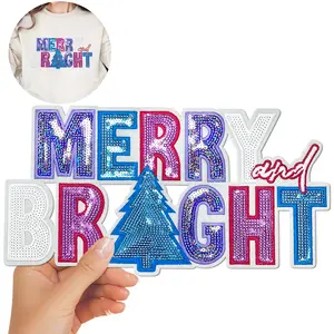 Merry and Bright Iron-On Sequin Patches Cute Christmas Embroidered Applique Large DIY Fashion Accessories Trendy Decoration for Clothing Backpacks