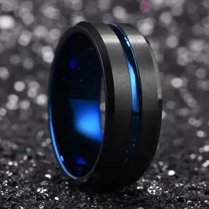 8mm Black Blue Titanium Steel Ring for Men, Matte Finish Groove Wedding Band, Hypoallergenic Scratch Resistant Promise Ring Jewelry