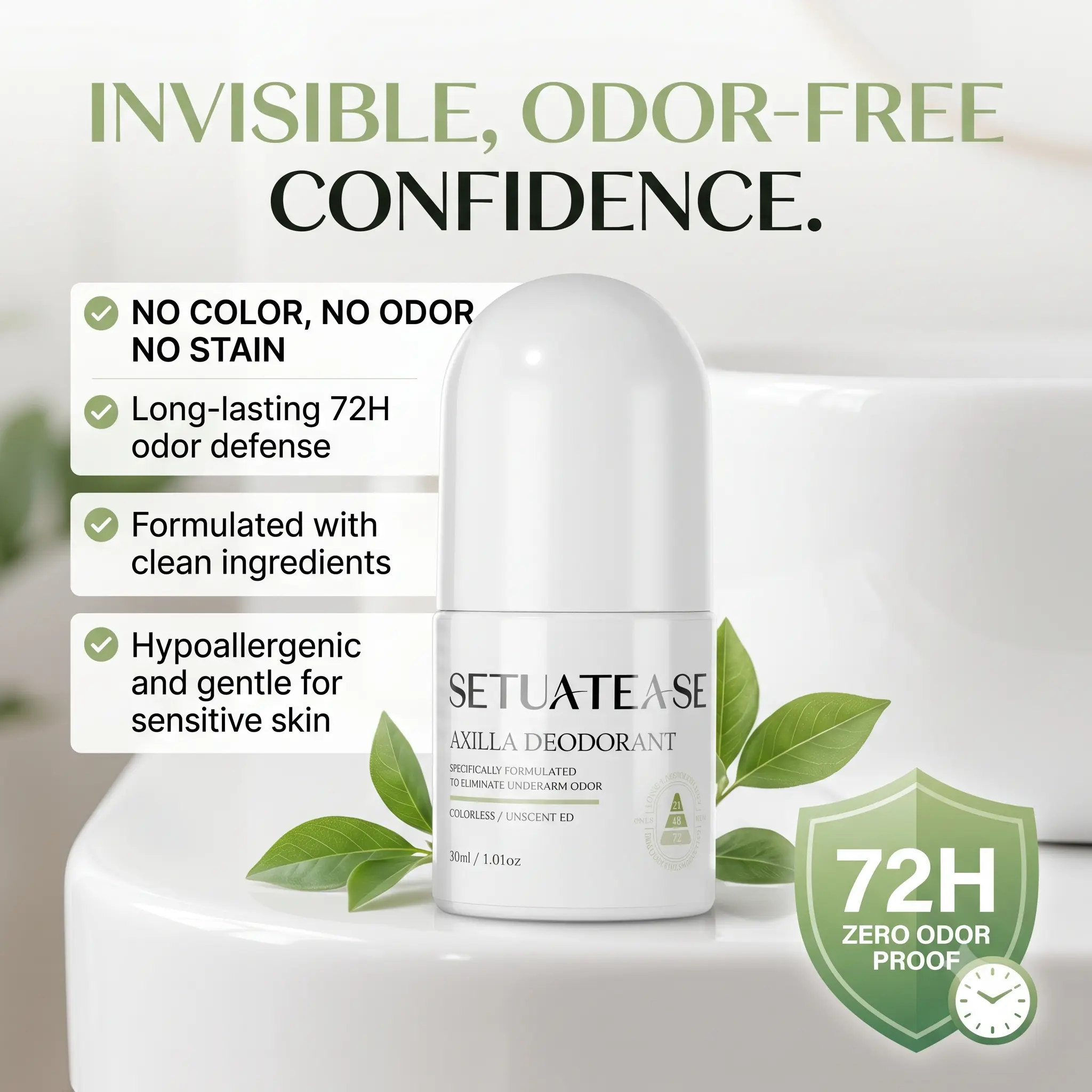 SETUATEASE 72-Hour Unscented Roll-On Deodorant - Long Lasting Underarm Odor Control for Men & Women, Aluminum-Free & Colorless
