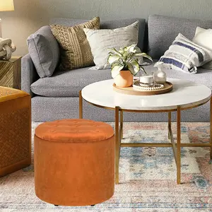 Adeco 14.6" Orange Round Storage Tufted Ottomans with Removable Lid