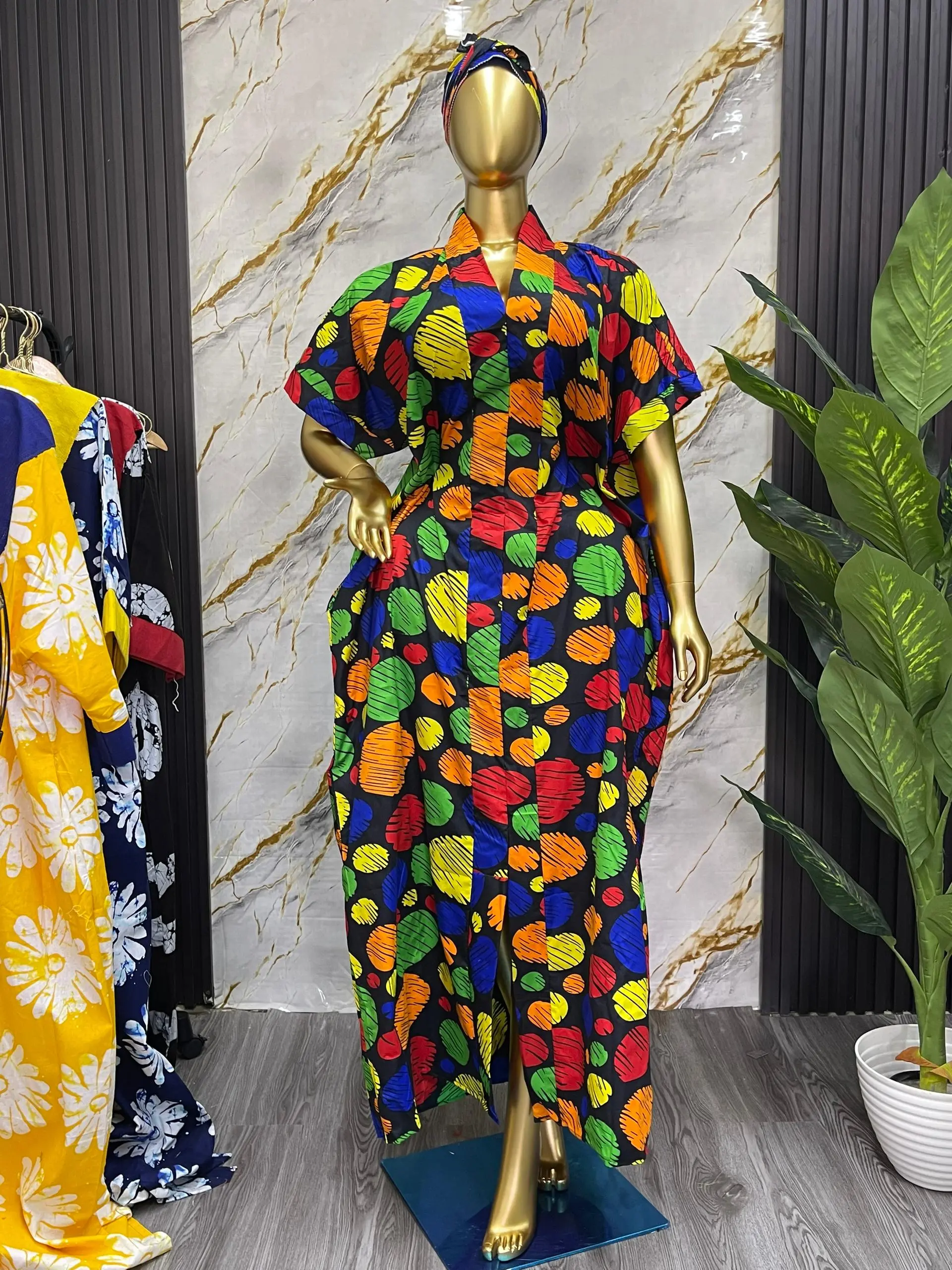 Women's Short-Sleeve Printed Ankara Fabric Boubou Kaftan - Classy, Modest, Comfortable Casual Lady's Dress with Adjustable Inner Tie (1 Size, Newly Sewn)