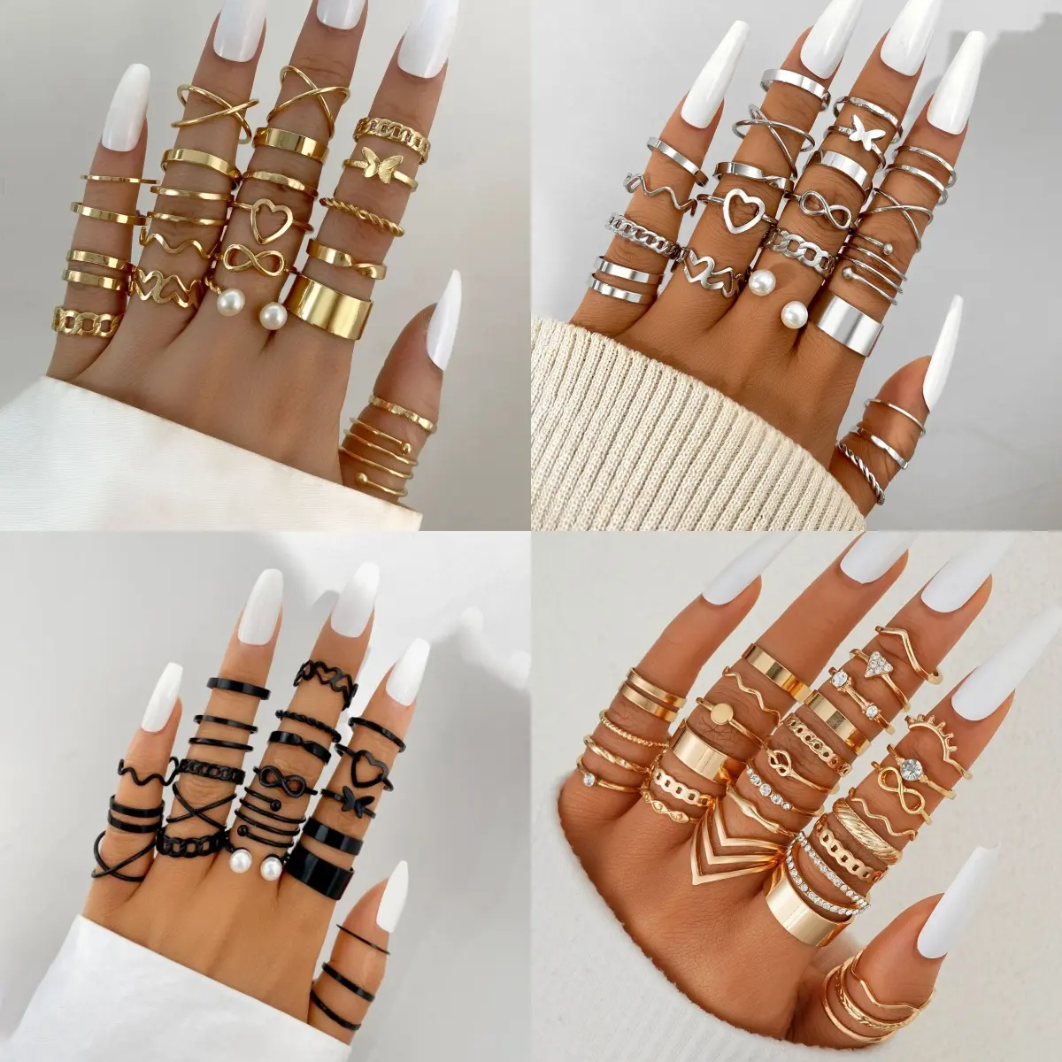 Women's Metal Coating Alloy Geometric Butterfly-Inspired Twisted Heart Ring Set - 4 Sets/88pcs, 2cm, Daily Wear Jewelry for Commute & Party, Ideal Festive-Party Gift, Electroplated