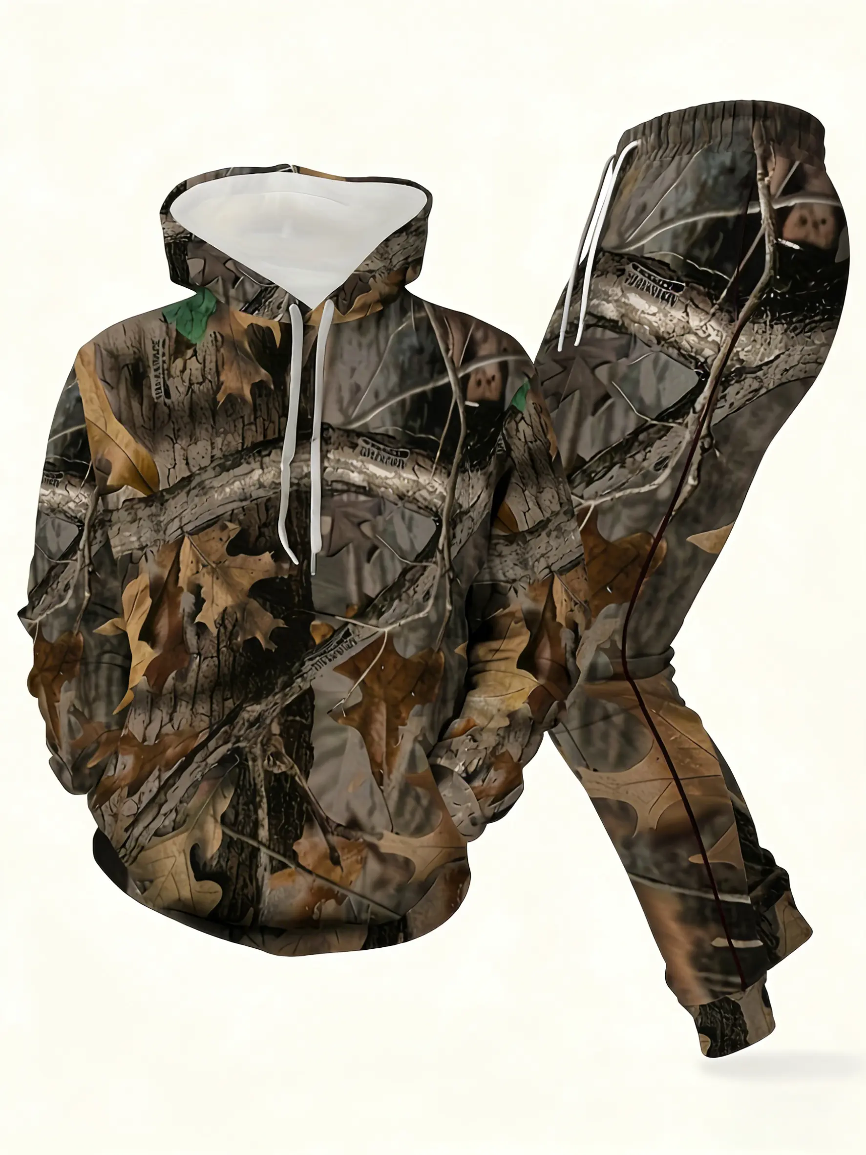 Men's 2-Piece Camouflage Print Hoodie & Joggers Set, Stretch Casual Polyester Knit Fabric, Mensfashion Menswear Clothing Set