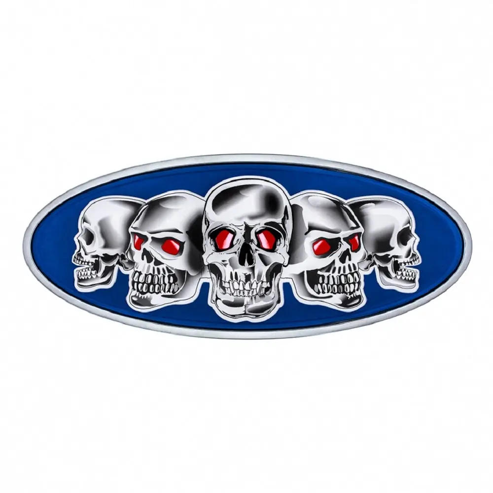 Peterbilt Truck Chrome-Plated Die-Cast Double-Sided Mountable Front Hood Emblem, Blue Base Skull Design, 7 7/8in x 3 1/4in