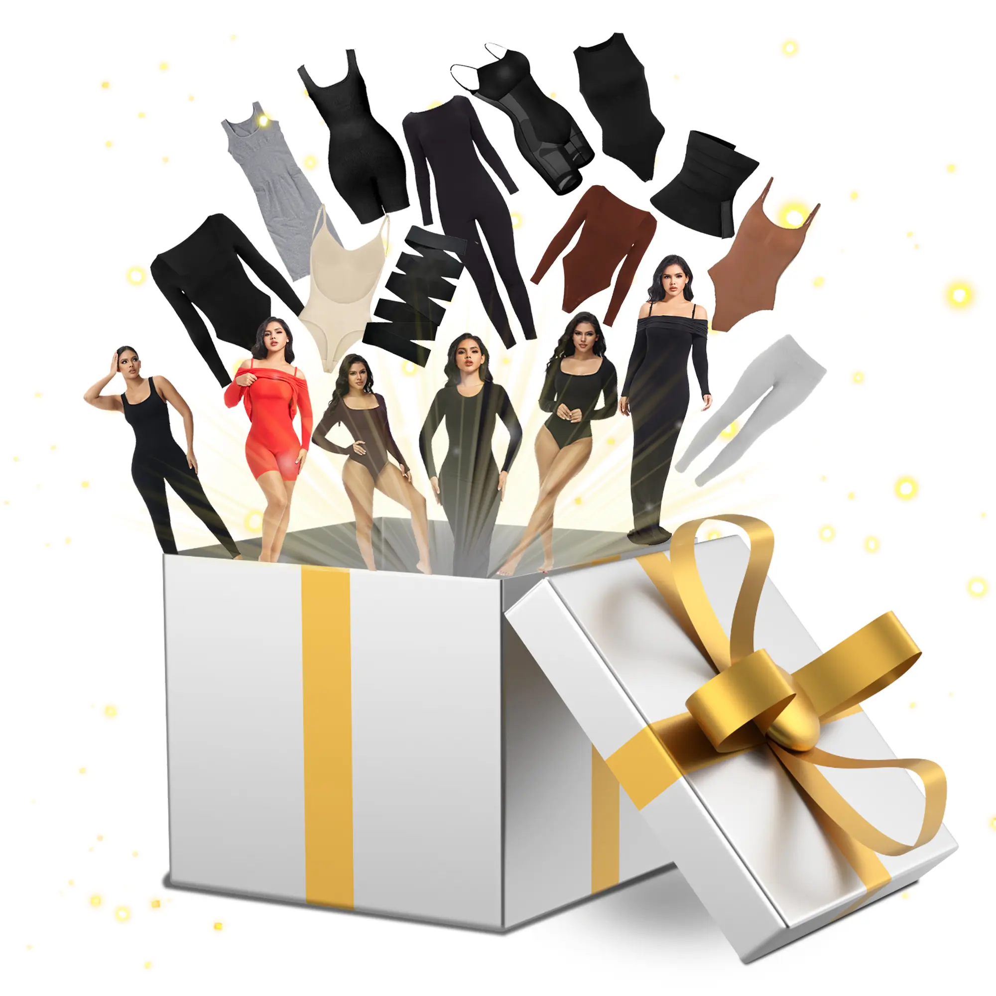 Soo Slick Mystery Box with 4 value items—bodysuit, playsuit, jumpsuit, waist trainers, wraps, leggings, shapewear, bralette. Stylish, chic & Versatile