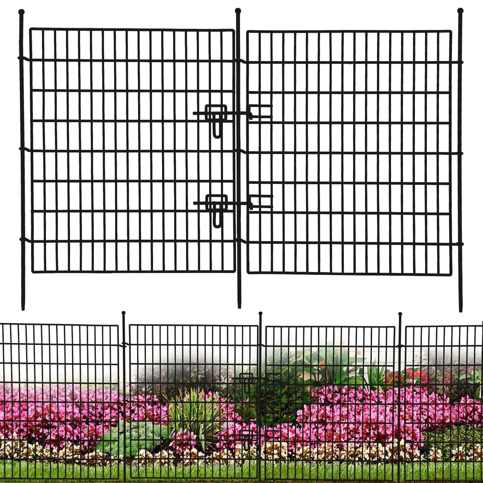 GARVEE 15 Panels No Dig Fence with Gate,32 in(H) X 35.4 ft(L) Garden Decorative Fence Animal Barrier,Rustproof Metal Garden Edging Border for Outdoor, Yard, Patio