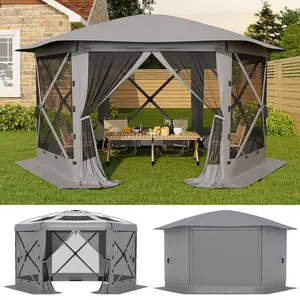 Pop Up Gazebo Screen Tent 11x11 ft with Removable Canopy Top – Quick-Set 6-Sided Bite-Proof Sun Shade Tent, All-Weather Outdoor Canopy Shelter for Camping, Backyard, and Patio,Grey