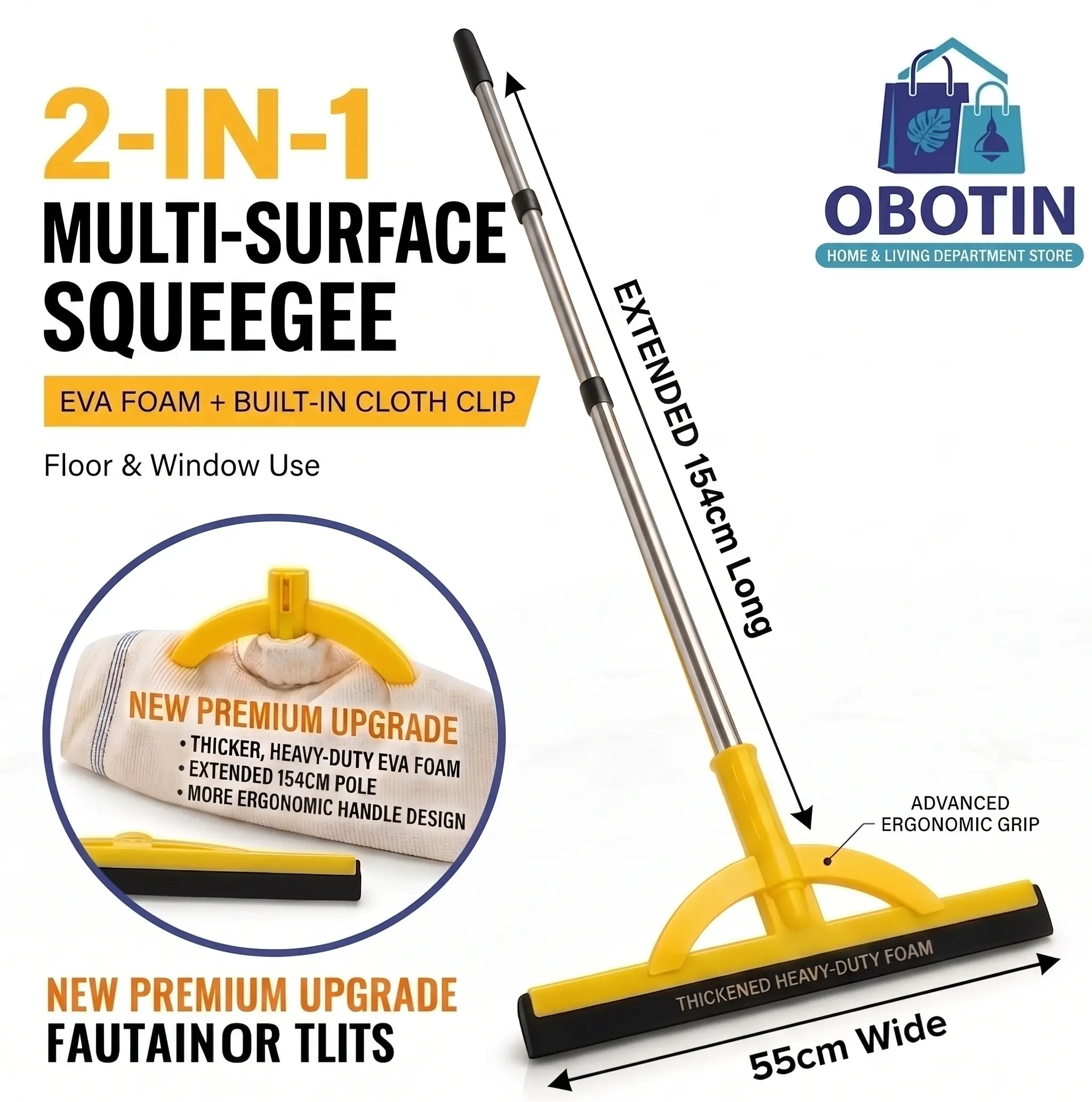 OBOTIN Heavy-Duty Floor Squeegee 2 in 1  - Lightweight & Durable Foam Blade with Extendable Handle for Indoor/Outdoor Cleaning haragan y trapeador 2 en 1 Adjustable Pool Advanced Ergonomic Grip Rubber New Premium Upgrade Eva Foam