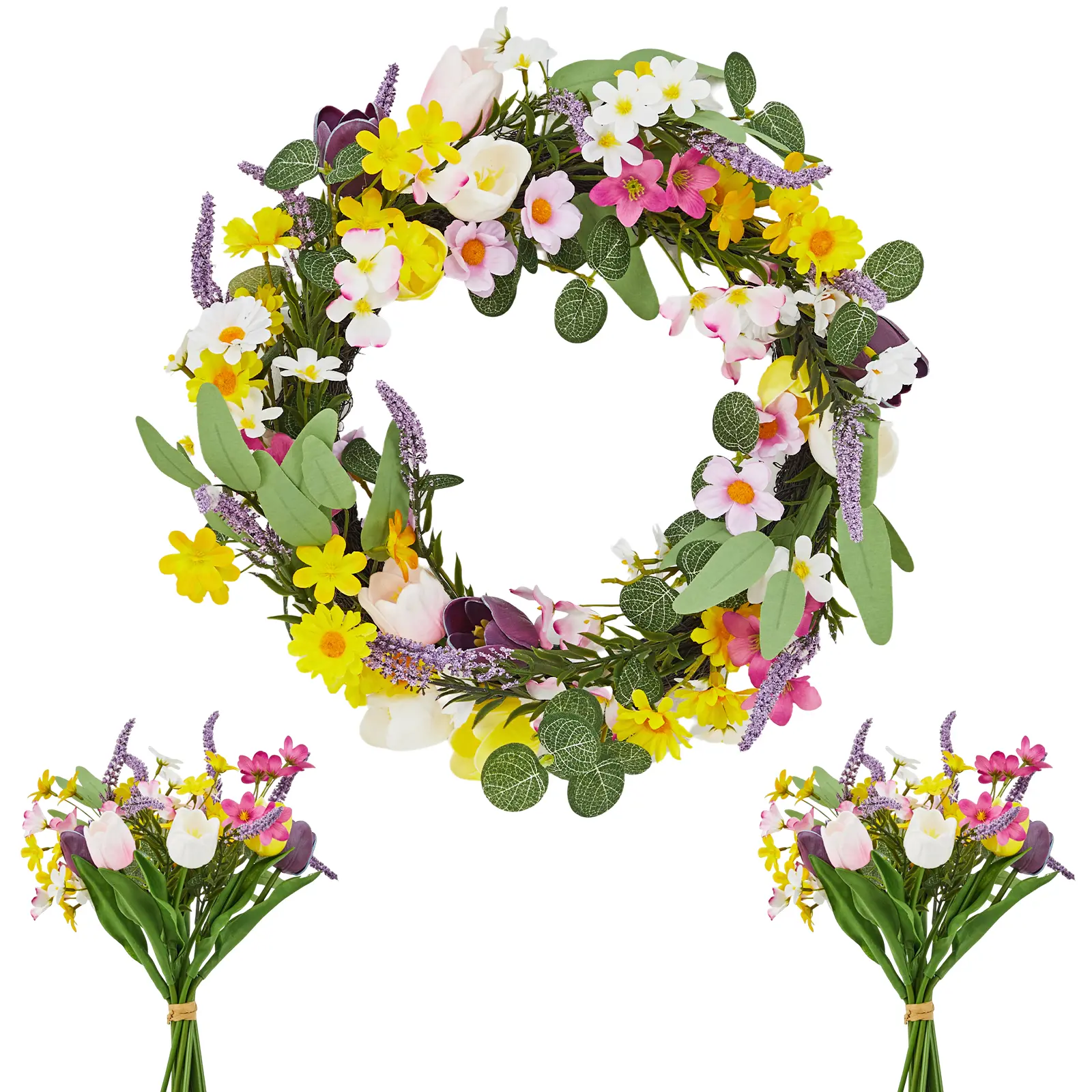OUTGOODS Multi Sizes 18-24in Hyperrealism Fade-Resistant Artificial Easter Tulip Lavender Wreath Set - Fake Flowers, Floral Arrangements, Eggs, Greenery, 2 Bouquets, Front Door Outdoor Home Decor, Mother's Day Gift, Decorative