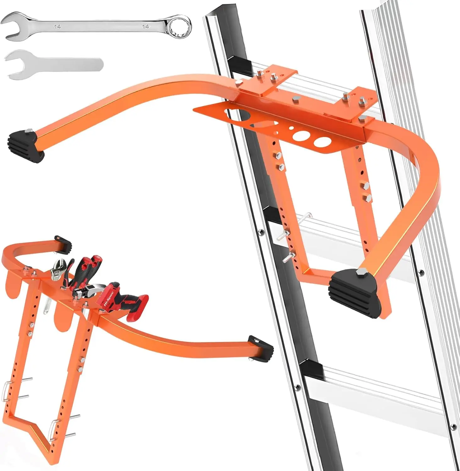 Ladder Stabilizer, Heavy Duty Steel Ladder Stabilizer with Wing Span/Wall Extension Accessory, Secure and Stable Ladder Standoff Arms for Roof Gutter with Anti-Slip Rubber Feet & Tool Tray