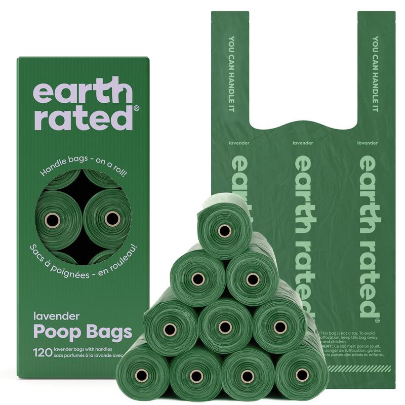 Earth Rated | Dog Poop Bags with Handles on Refill Rolls, Easy-Tie Handle Bags on a Compact Roll, Extra Wide Opening, Guaranteed Leak-Proof, Lavender Scented, 120 Count