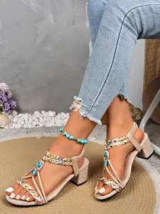 Women's Boho Turquoise Block Heel Sandals, Bohemian T-Strap Open Toe Casual Summer Beach Shoes