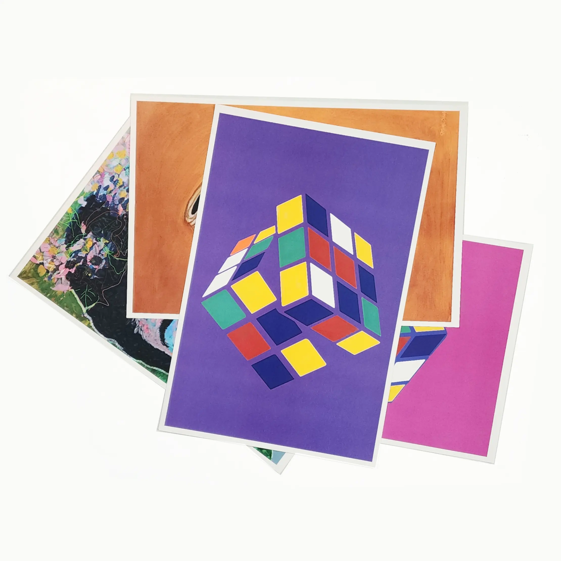 Sharp Art Full Set of Four Studio Prints - Collector's Deal Featuring Colorful Cube Design & Other Artwork 12x18 Inches Embossed with Chop Frame-Ready Rich Colors