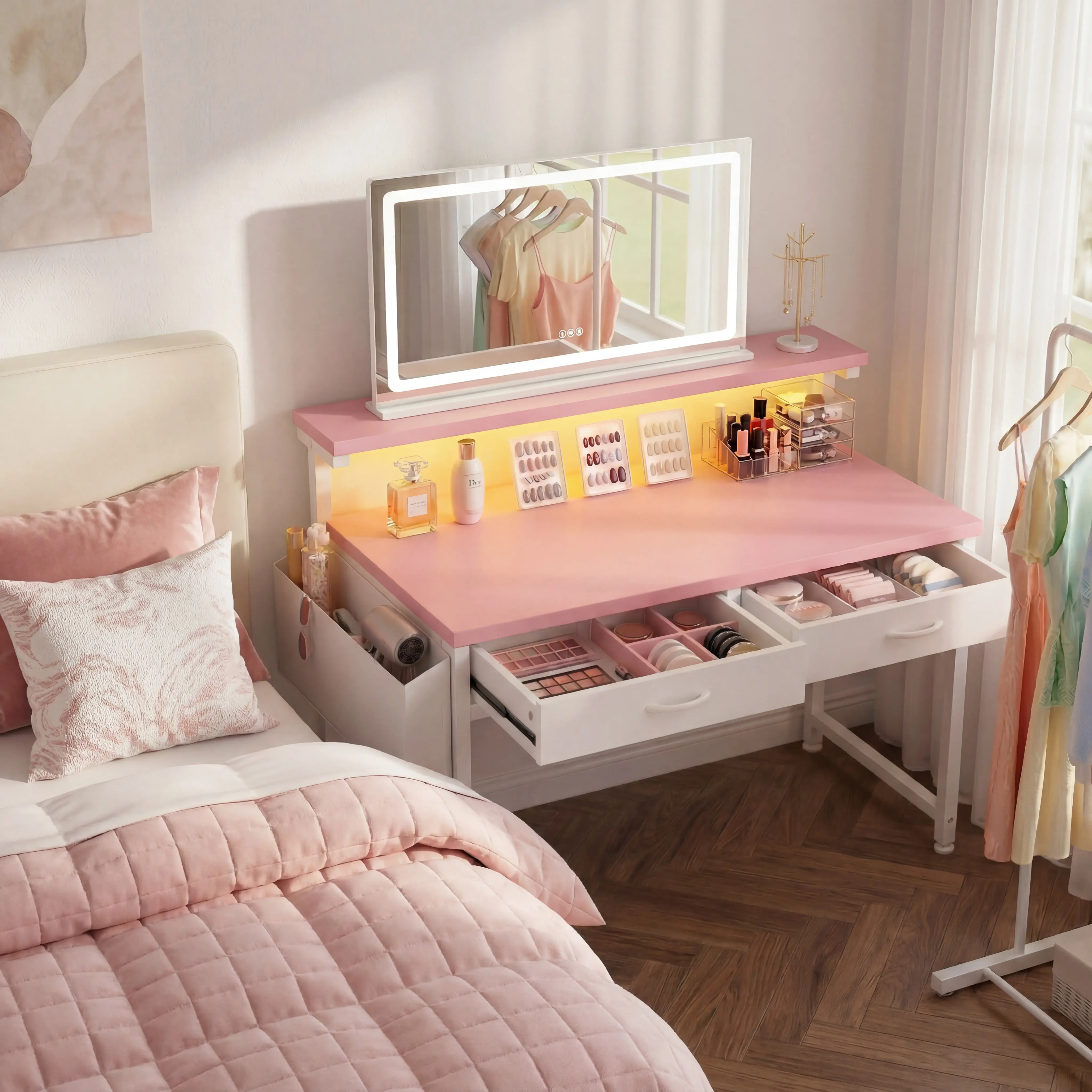 【Vanity & Office Desk】31.5'' Gaming Desk with LED Lights in Dorm & Tiny home,Computer desk with 2 Storage Drawers,Home Office Desk with Side Pocket & Ergonomic Monitor Stand,Writing Table with Anti-Tip Design, gift for Women and Teens,women bedroom decor