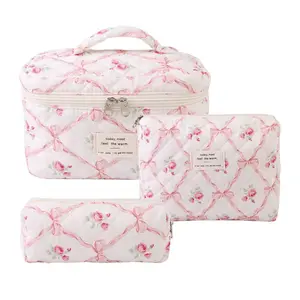 Gosect Quilted Floral 3-Piece Makeup Bags Set - Soft Cotton Diamond Quilting, High-Capacity Tote with Fixed Shoulder Strap, Medium Flat Pouch, Small Pencil Case,  Cosmetics Storage，Nail Tool Storage，Everyday Use, Teenage Girl Gifts