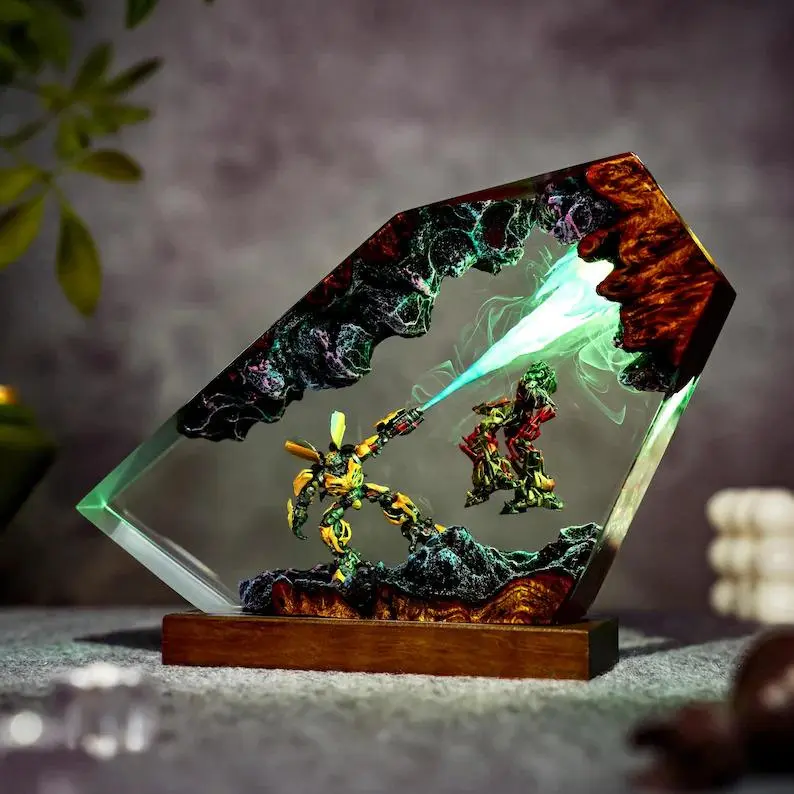 Handcrafted Mech Robot Battle Diorama Figurine, Transforming Mechanical Robots Energy Blast Ornament, Epic Desk Decor Christmas Gift for Boys Kids