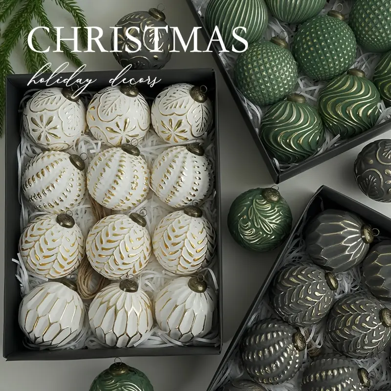 12pcs-3.15inch Christmas decorations, 12 gold-painted Christmas balls set, suitable for Christmas tree decoration and festive scene arrangement. Exquisite and light luxury Christmas pendants. Christmas balls, party decorations, elegant accessories