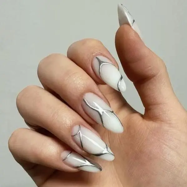 White Marble Line Press On Nails 24 pcs, Medium Almond Glossy Milky White Fake Nails with Abstract Silver Swirl Design, Minimalist Clean Girl Stick On Nails for Everyday Wear, Office, Date Night, Vacation & Special Occasions
