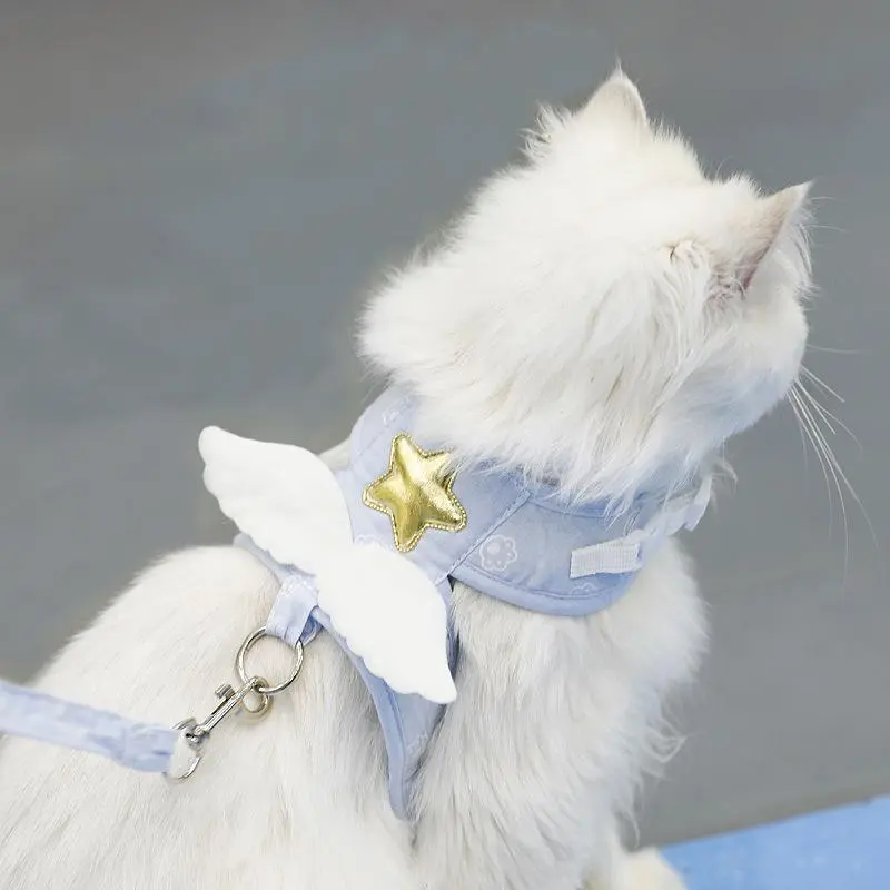 Kawaii Angel Wing Cotton Mesh Harness Set for Dogs & Cats - Multi-Size Matching Rope, Collar, Leash, Necklace, Personalized Pet Accessories, Harnesses