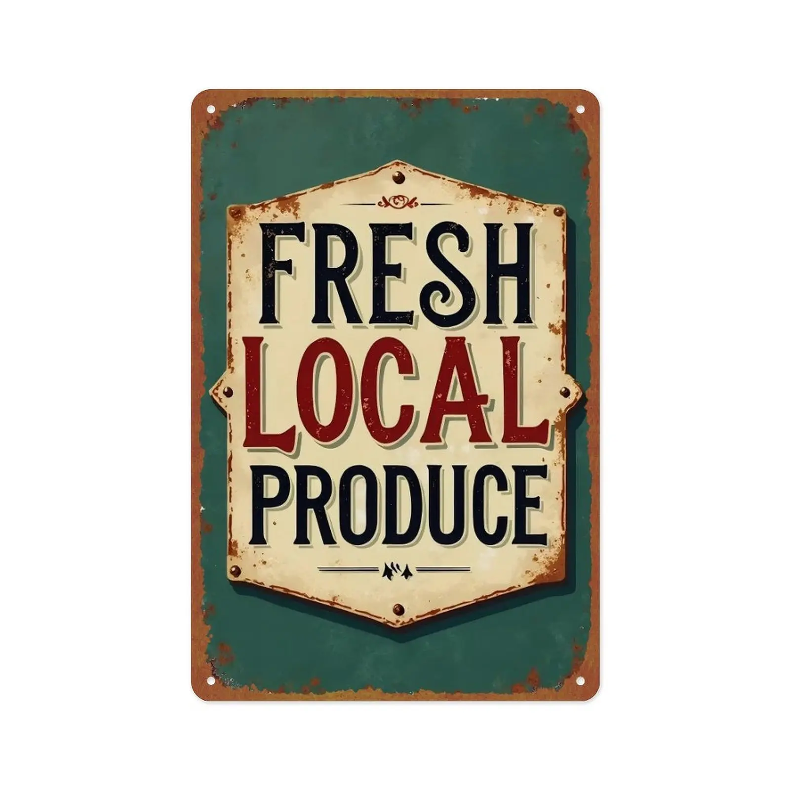 8x12 in Metal Rectangular Plaque Sign - "Fresh Local Produce" Vintage Plaque Decoration, Rustic Farmhouse Design Home Decor Accessories, Flat Decorative Sign for Pantry, Kitchen (Rustic Green & Cream)
