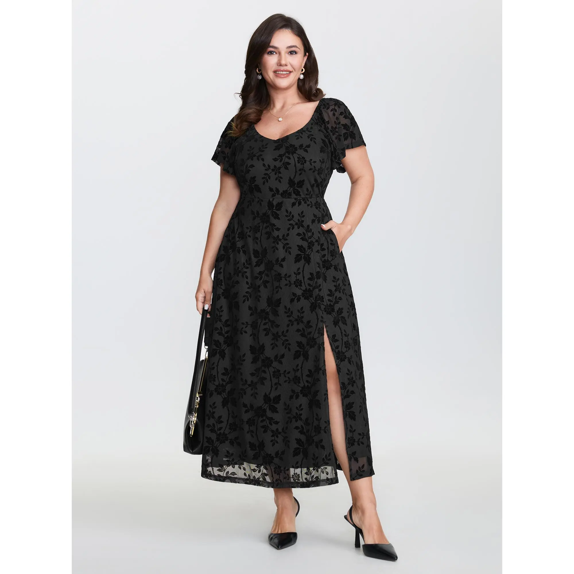BloomChic Plus Size Dress for Wedding Guest, Formal Botanical Jacquard Maxi Garment, V-Neck Curvy Clothing with Regular Fit, Fabric, Wedding Guest Dresses, Formal Dresses For Women