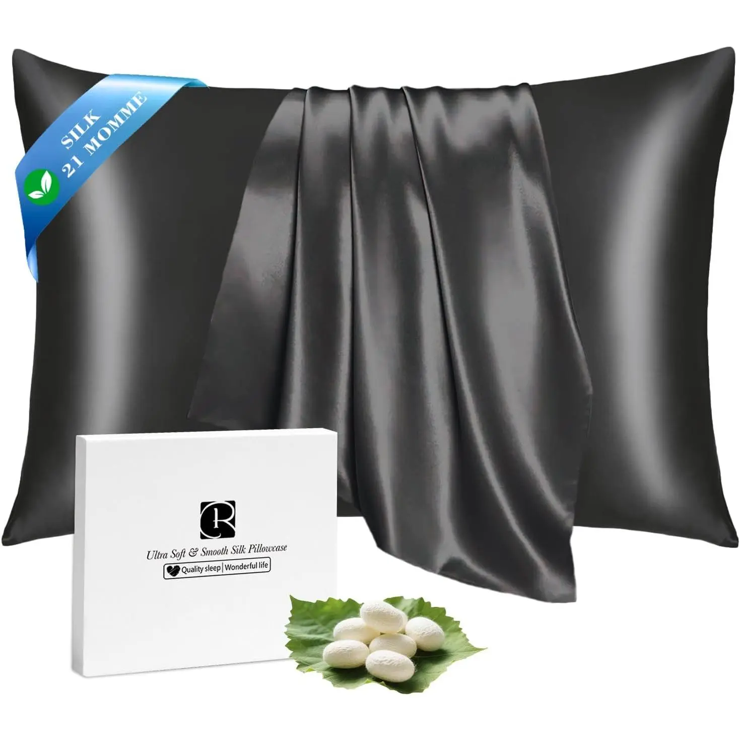 21Momme Mulberry Silk Pillowcase with Zipper - Cooling, Soft, Breathable Bedding for Hair & Skin Health, Standard 20"x26" Black Pillow Cover, 1PC with Gift Box, King Size(20*36Inches)