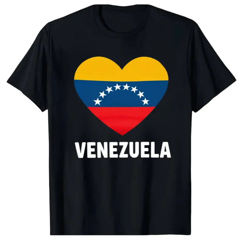 Classic Cotton Crew Neck T Shirt With Shiny Heart Venezuela Flag Art Print And Large Venezuela Statement Typography Unisex Short Sleeve Everyday National Pride Venezuelan Cultural Graphic Street Style Tee