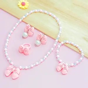 5pcs Charm Girl Beaded Jewelry Set, Necklace Bracelet Earrings Ring Combination, Butterfly Knot Design, Elastic Pearl Ear Cuffs Clips