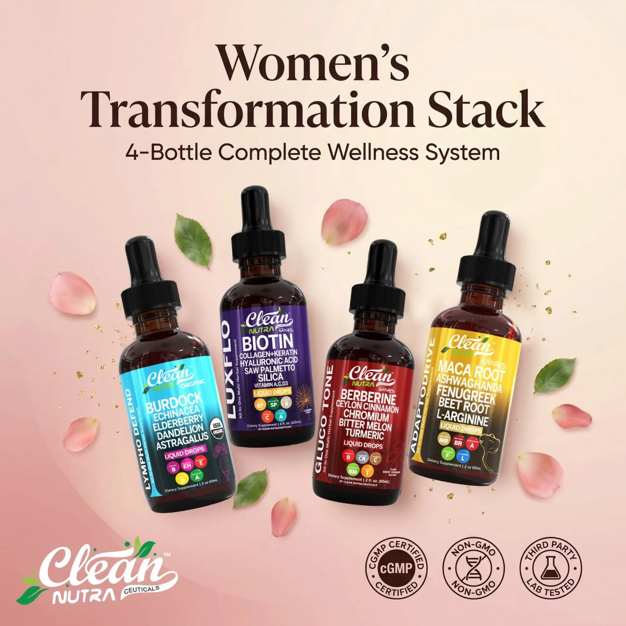 Women's Transformation Stack | Lympho Defend + LuxFlo + Gluco Tone + AdaptoDrive Women's Transformation Stack | Lympho Defend + LuxFlo + Gluco Tone + AdaptoDrive