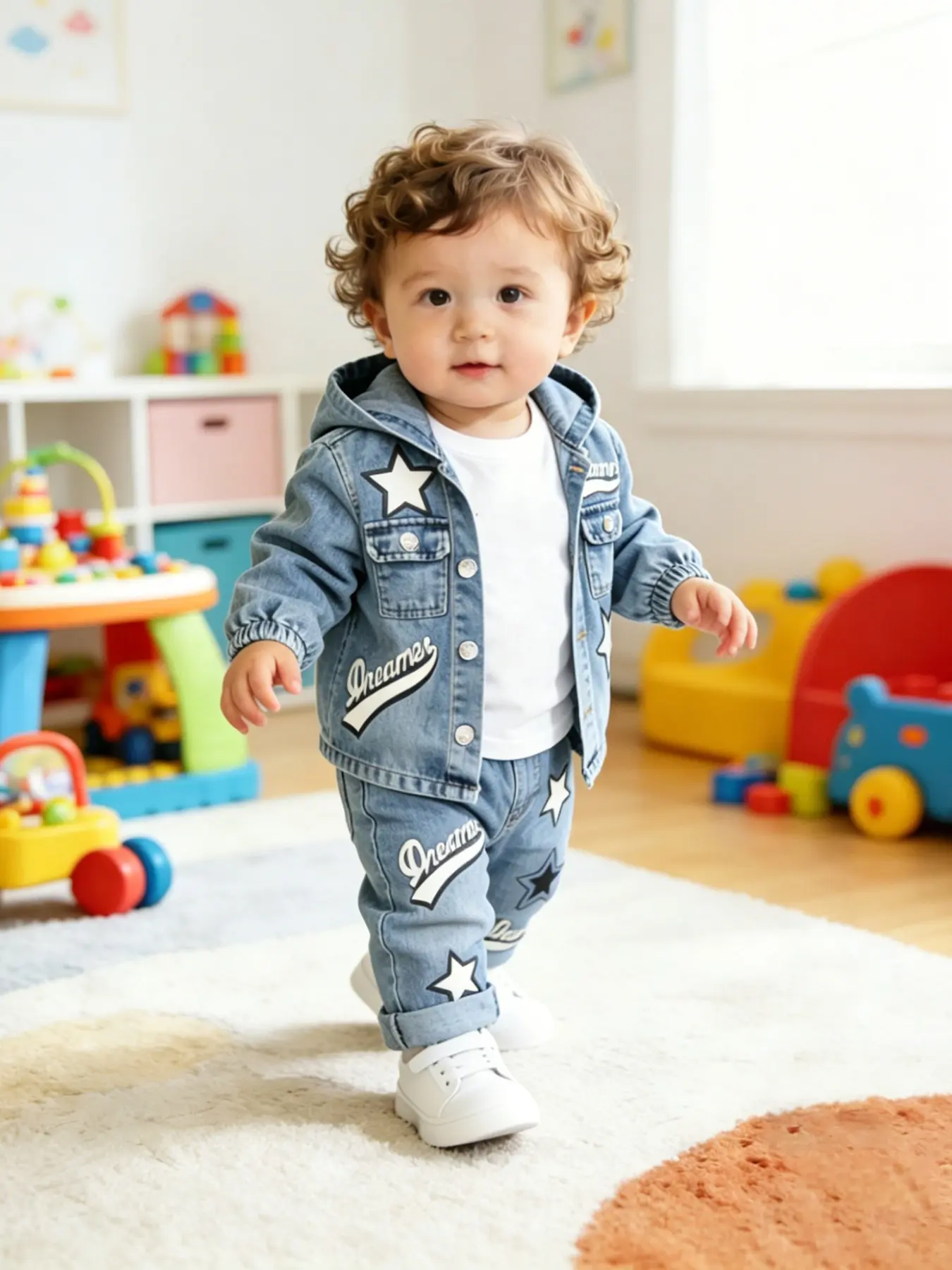 Baby Boy 2-Piece Denim Toddler Outfit Set, Star Print Hooded Jacket & Pants, Casual Loose Fit for 6M-3Y, Spring Autumn Daily Play & Outdoor Wear