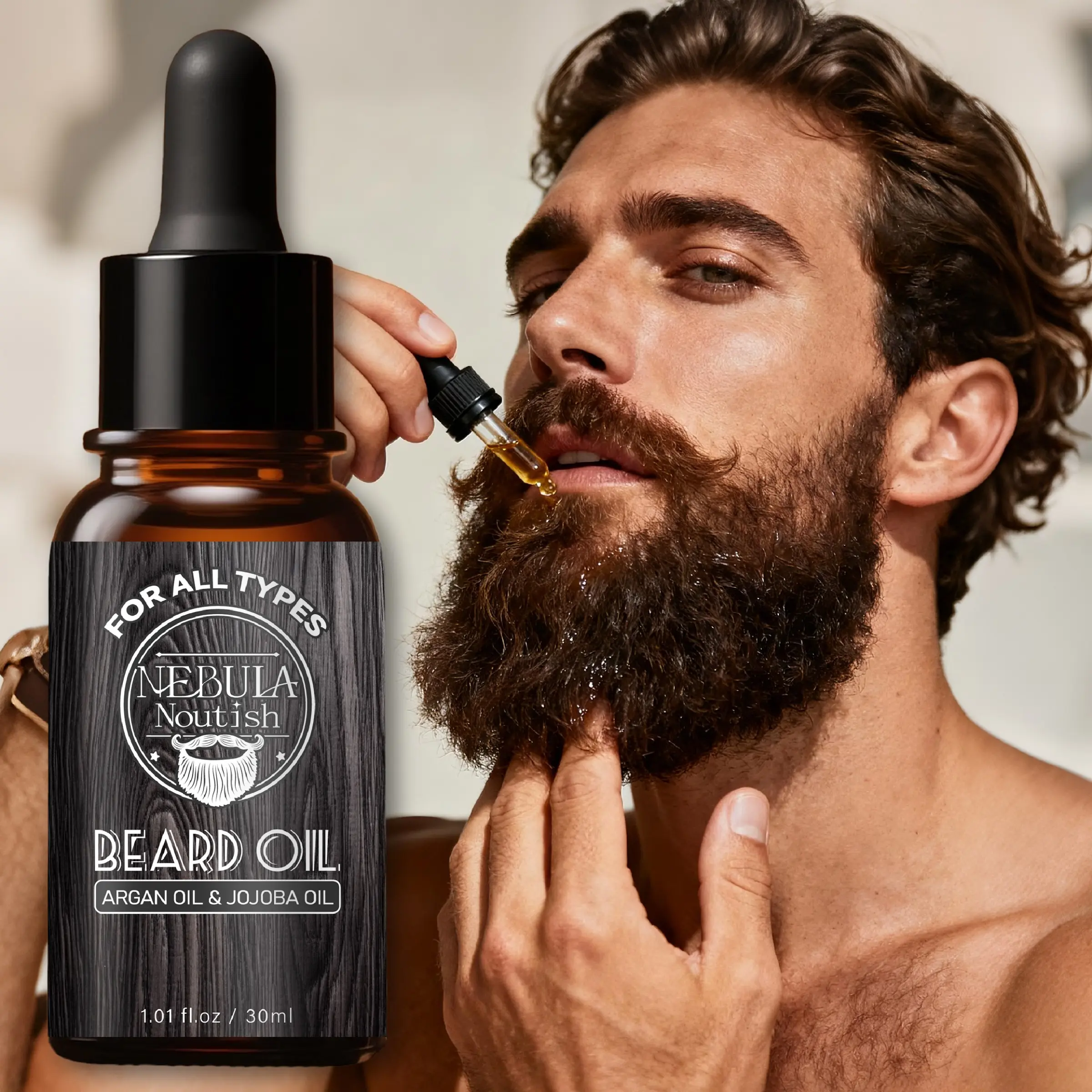 30ML Moroccan Nut Beard Oil for Men, Contains Moroccan Nut Oil, Jojoba Oil, Argan Oil, Aloe Vera, Anti-Frizz, Deep Nourishing, Long-Lasting Moisture, Hydration, Moisturize, Beard Care