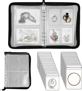 Travel Jewelry Organizer Transparent Jewelry Storage Book Set with Anti-oxidation Pocket Traveling Necklace Earring Organizer for Ring, Bracelets, Postcard (Black 3-inch 4-compartment bag + 80 medium-sized bags)