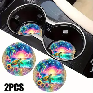 2-piece set of colorful tortoise shell sunset pattern car coasters, women's car interior decoration accessories, Christmas gifts for friends and family, home dining table coasters, polyester fiber cup mat, holiday gift