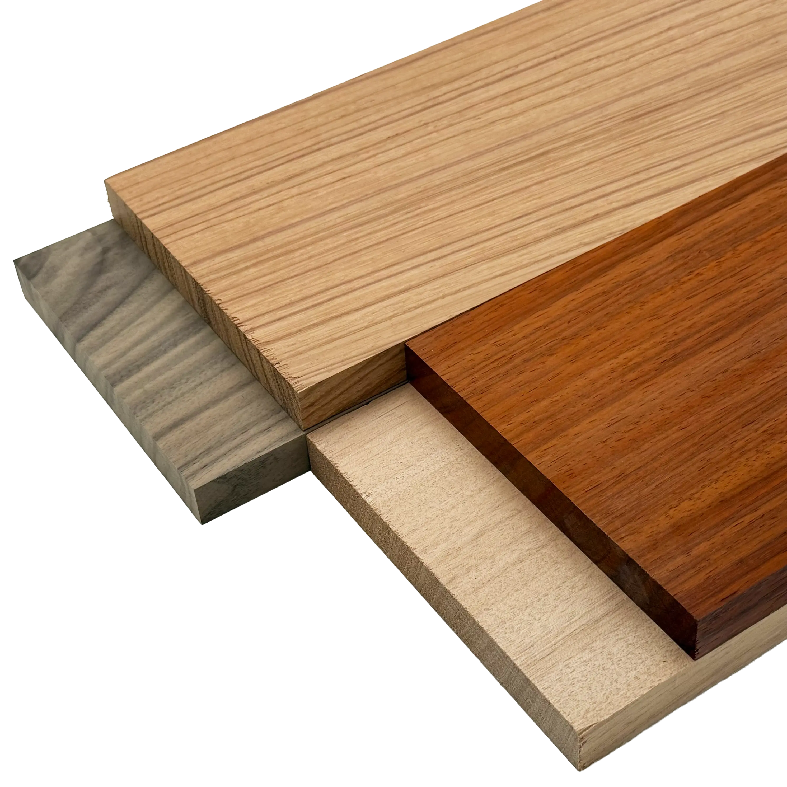 Imported Exotic Hardwood Variety Pack -  Red Zebrawood, Walnut, Padauk, Okoume - 3/4" x 6" (4 Pcs)
