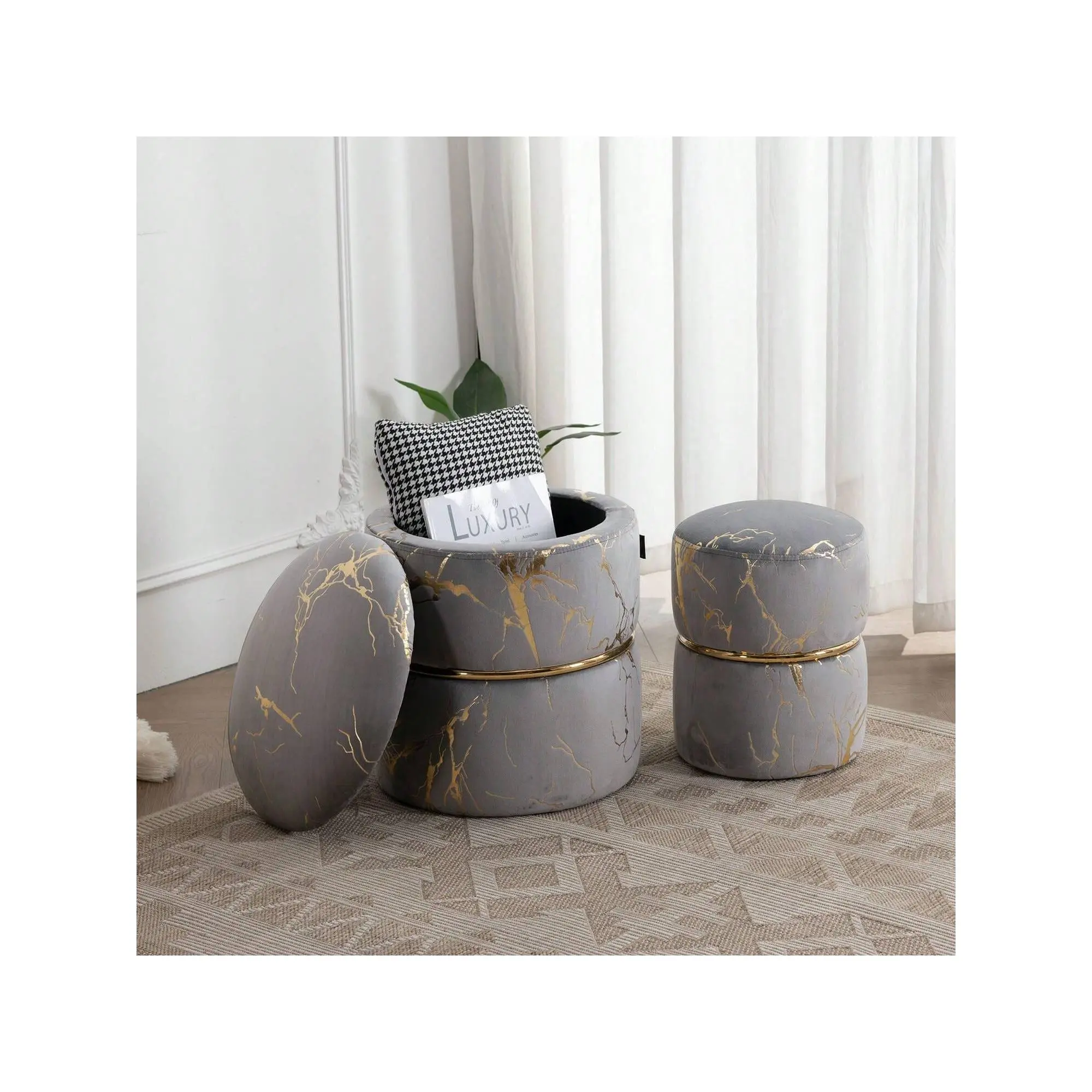 Pack Of 2 Round Velvet Upholstered Ottoman Bronzing Foot Stool Larger One With Stoarge Function As The Side Table The Smaller One As Poufs Sofa Footres