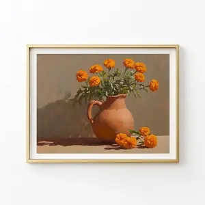 [UNFRAMED] Mexican Art Poster, Marigold Flower Poster, Mexican Ceramic Jug Wall Decor, Horizontal Minimalist Latin Oil Painting Wall Print